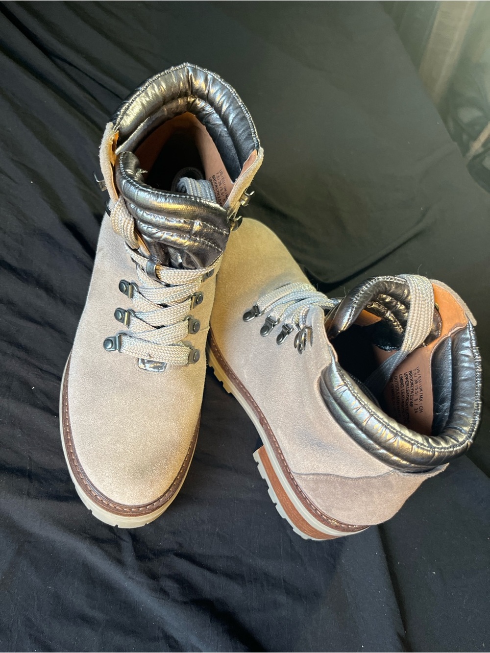Kenneth Cole Taupe Suede Combat Boots with Metallic Collar